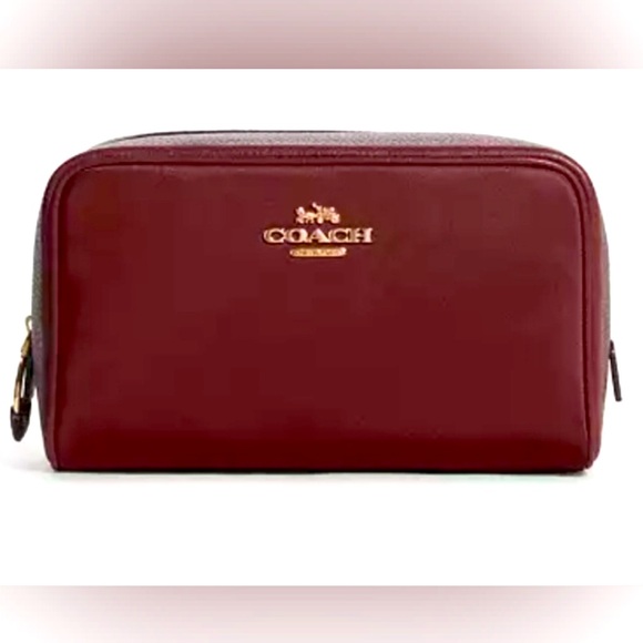 Coach Ellis Cosmetic Case Leather/Nylon Twill In Wine/Gold Color - Picture 1 of 9